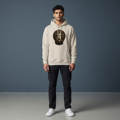 Omina cream graphic print hoodie sweatshirt with a Medusa design on the front. Relaxed fit with drawstring hood and kangaroo pocket.