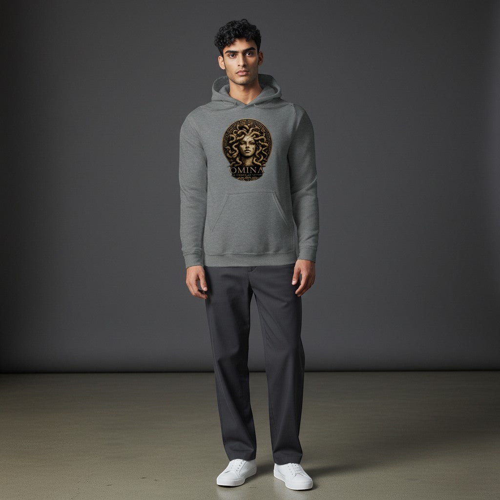 Omina grey hooded sweatshirt with a graphic print of Medusa on the chest. Relaxed fit, kangaroo pocket, drawstring hood.