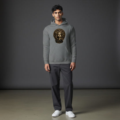 Omina grey hooded sweatshirt with a graphic print of Medusa on the chest. Relaxed fit, kangaroo pocket, drawstring hood.