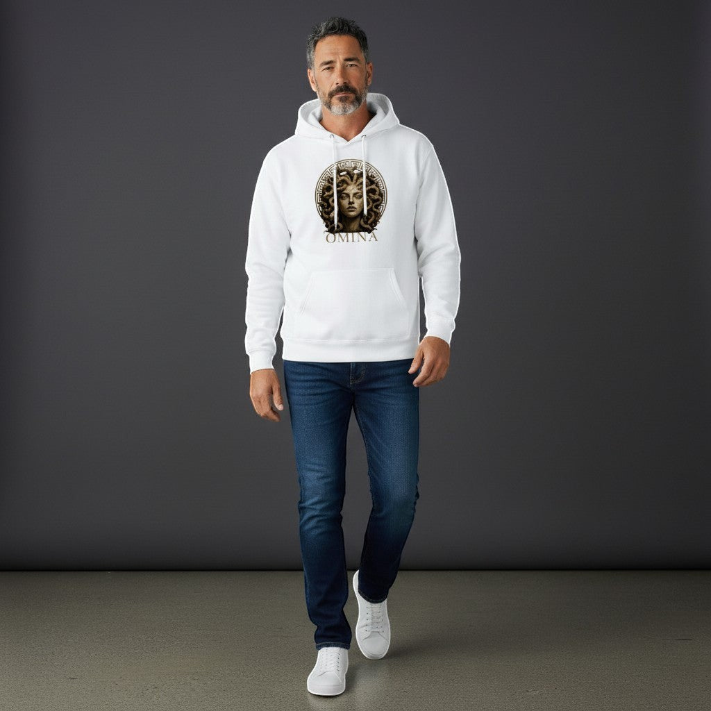 Omina white cotton blend hoodie with a striking Medusa graphic and drawstring hood.