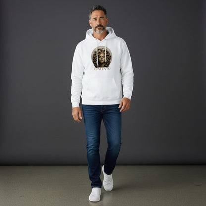 Omina white cotton blend hoodie with a striking Medusa graphic and drawstring hood.