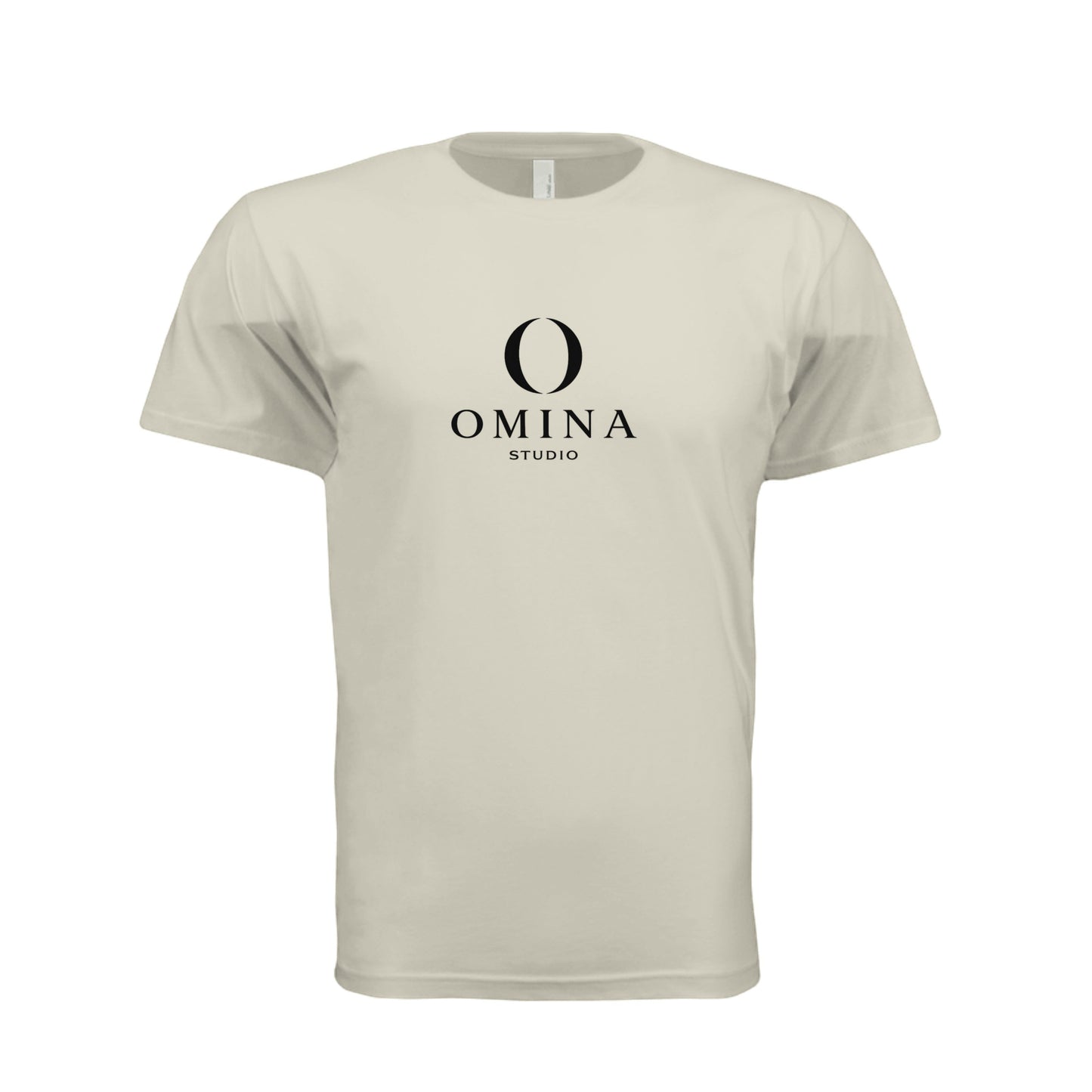 Omina Meet O unisex crew neck t-shirt in beige cotton with black Omina Studio mascot graphic on the chest.