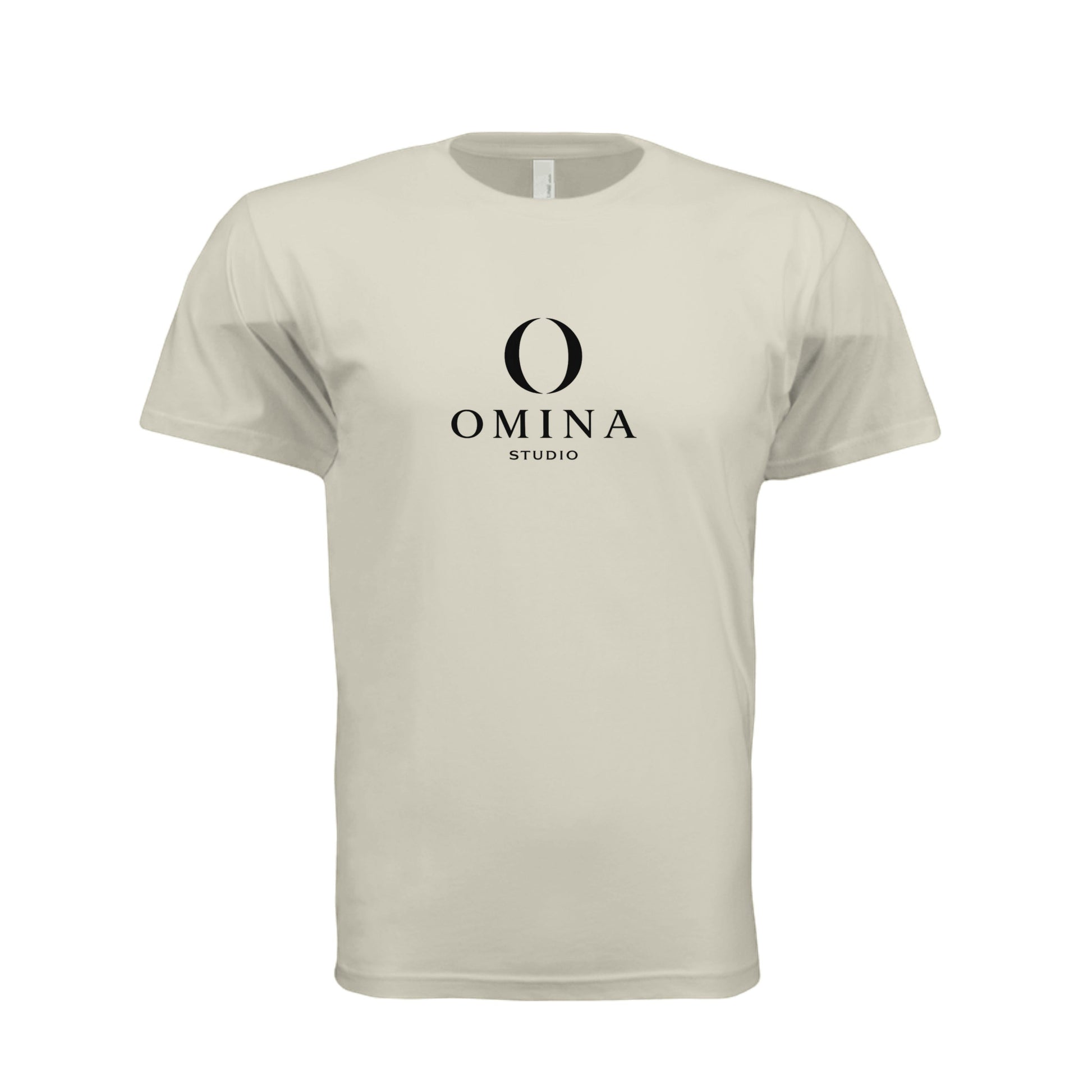 Omina Meet O unisex crew neck t-shirt in beige cotton with black Omina Studio mascot graphic on the chest.