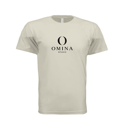 Omina Meet O unisex crew neck t-shirt in beige cotton with black Omina Studio mascot graphic on the chest.