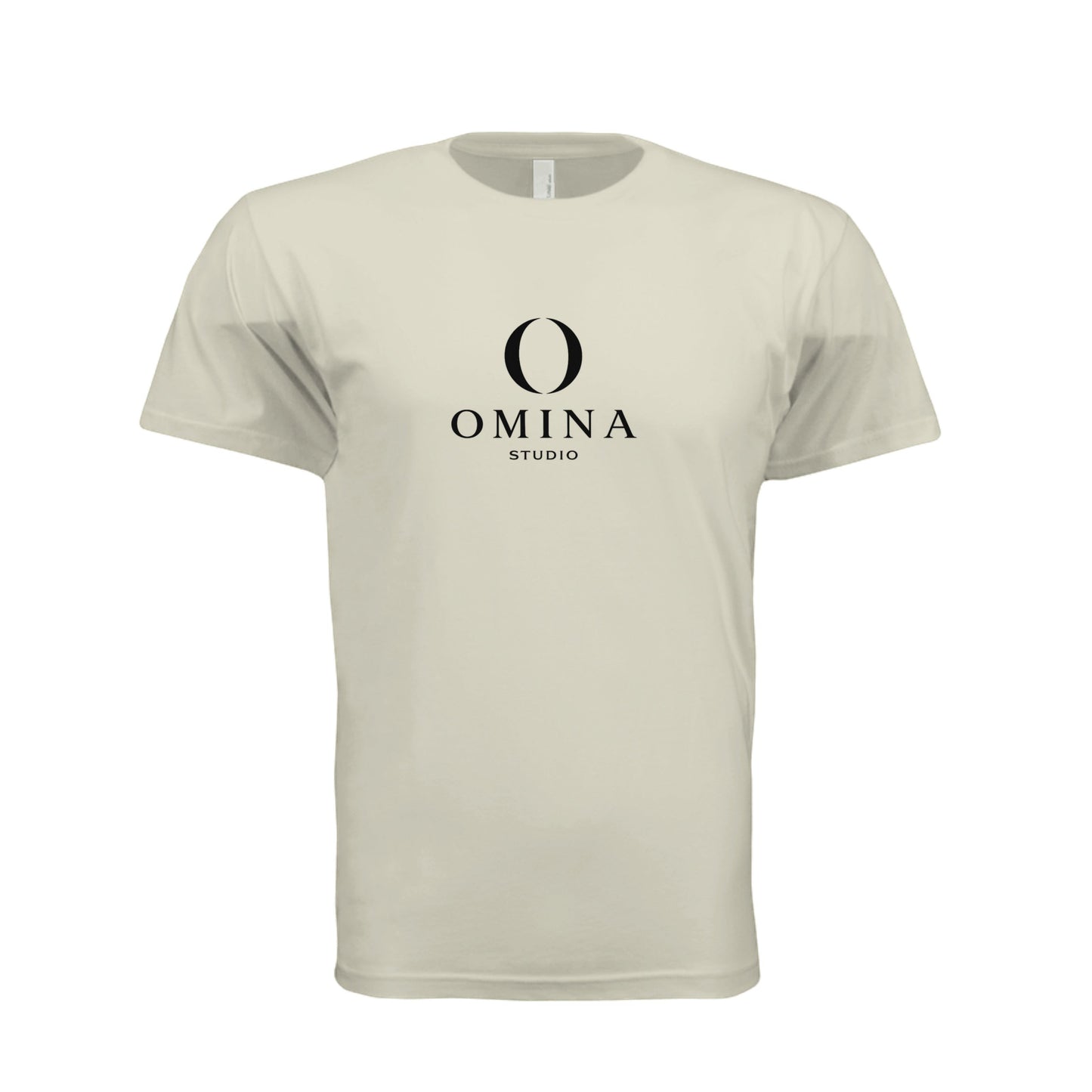 Omina Meet O unisex crew neck t-shirt in beige cotton featuring a minimalist black Omina Studio mascot graphic.