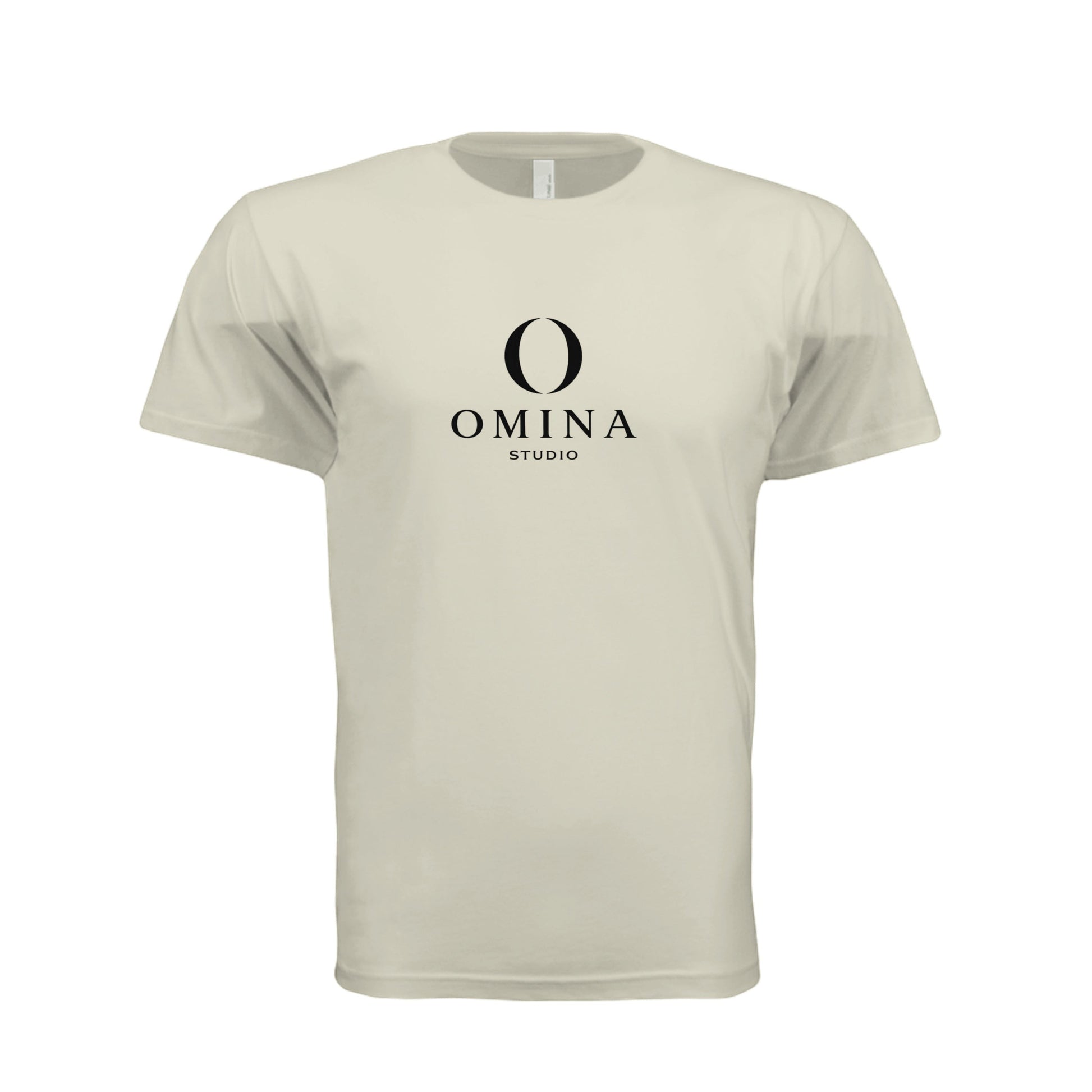 Omina Meet O unisex crew neck t-shirt in beige cotton featuring a minimalist black Omina Studio mascot graphic.