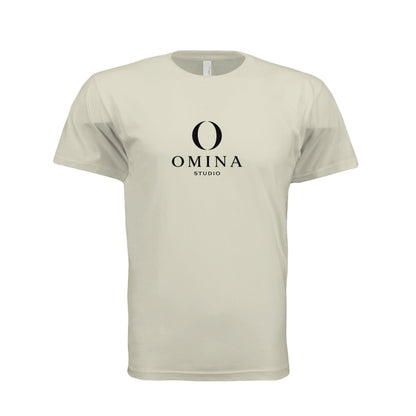 Omina Meet O unisex crew neck t-shirt in beige cotton featuring a minimalist black Omina Studio mascot graphic.