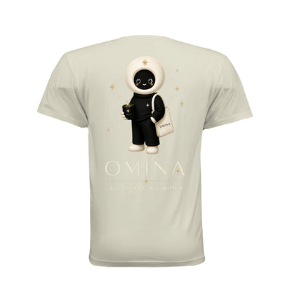 Omina Meet O T-shirt in cream cotton featuring a cute mascot graphic, OMINA branding, and star accents on the back.