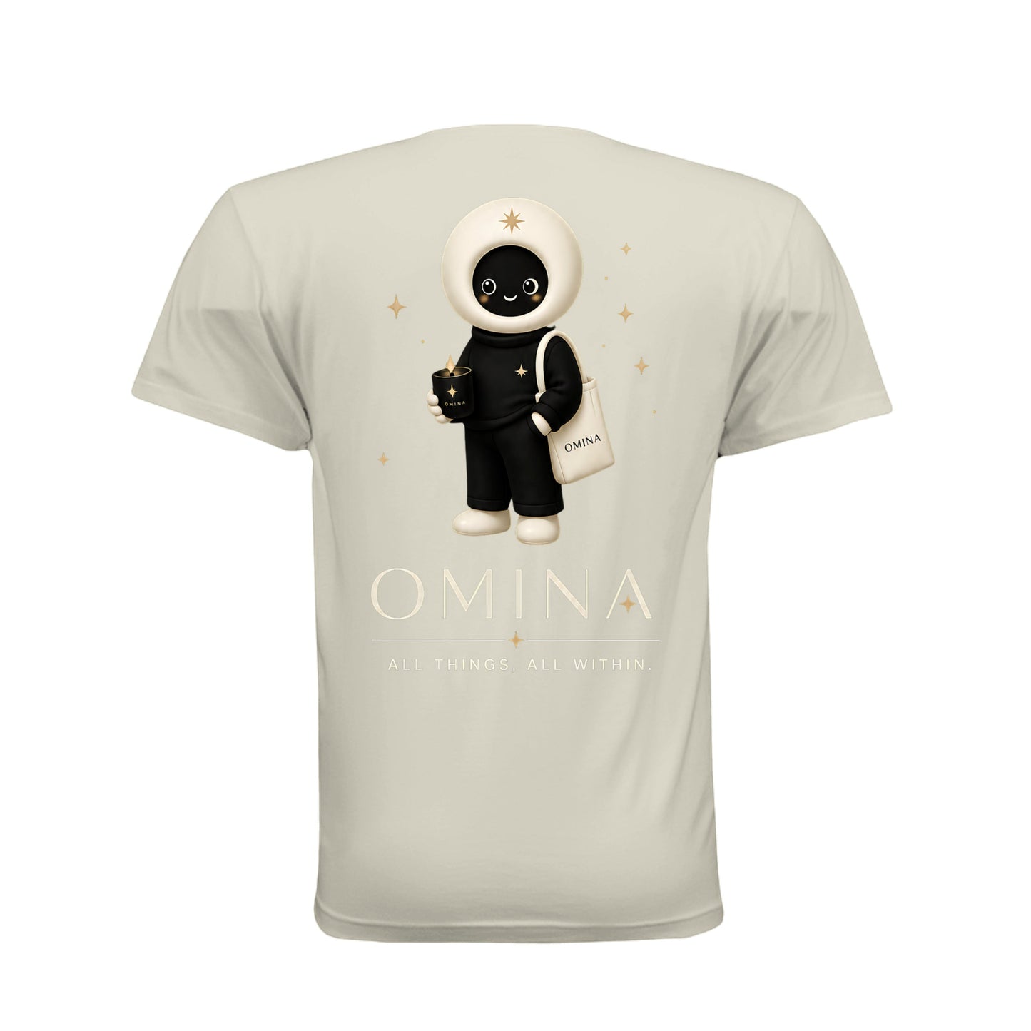 Omina Meet O T-shirt in cream cotton featuring a cute mascot graphic, Omina branding, and All Things All Within text.