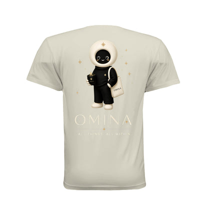 Omina Meet O T-shirt in cream cotton featuring a cute mascot graphic, Omina branding, and All Things All Within text.