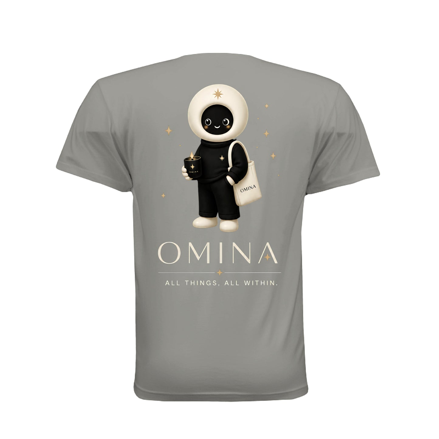 Omina Meet O grey cotton unisex crew neck t-shirt featuring a cute mascot graphic and brand text on the back