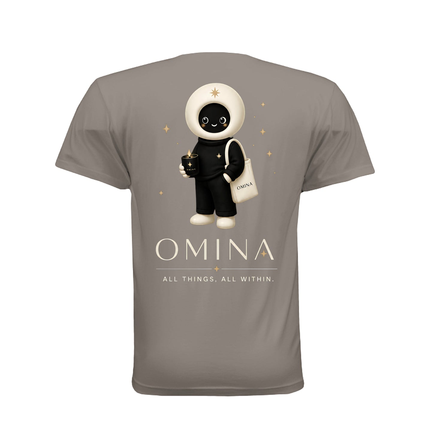 Omina Meet O T-shirt in grey cotton featuring a cute mascot graphic, Omina logo, and All Things All Within text.
