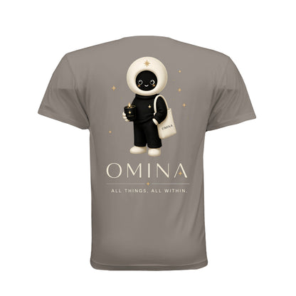 Omina Meet O T-shirt in grey cotton featuring a cute mascot graphic, Omina logo, and All Things All Within text.