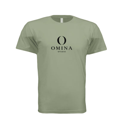 Omina Meet O unisex crew neck t-shirt in sage green cotton with black Omina Studio mascot logo graphic on chest