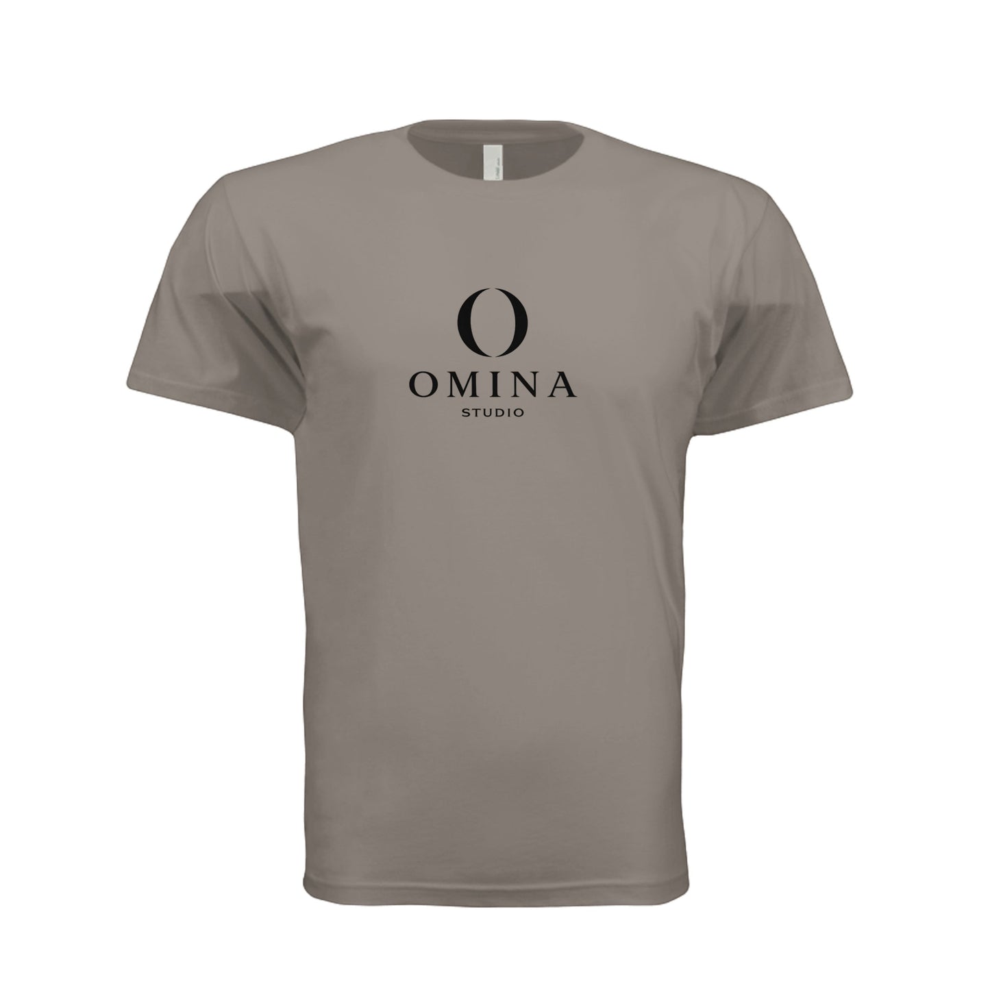 Omina Meet O unisex crew neck t-shirt in taupe cotton with black Omina Studio mascot graphic on the chest.