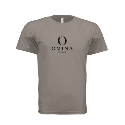 Omina Meet O unisex crew neck t-shirt in taupe cotton with black Omina Studio mascot graphic on the chest.