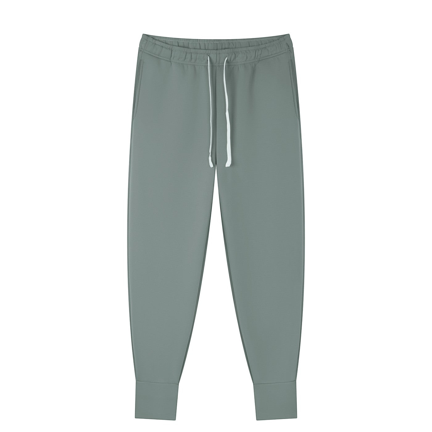 Omina men's grey tapered leg joggers with white drawstring and elastic cuffs, made from polyester and spandex blend.