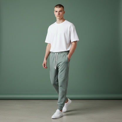 Omina men's grey tapered leg joggers made from polyester and spandex blend with a drawstring waist.