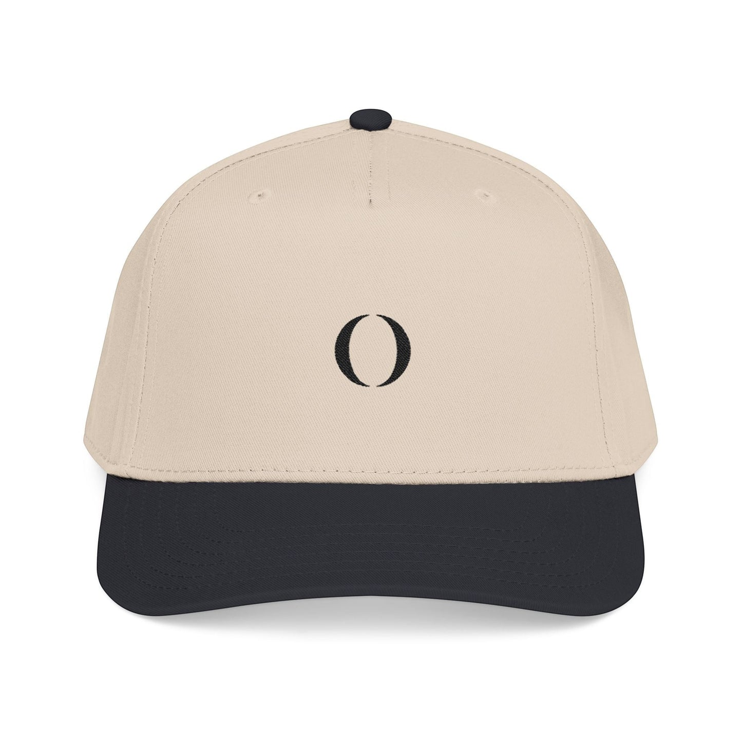 Omina mid profile 5-panel baseball cap in beige and black with a structured seamless front and snapback closure.