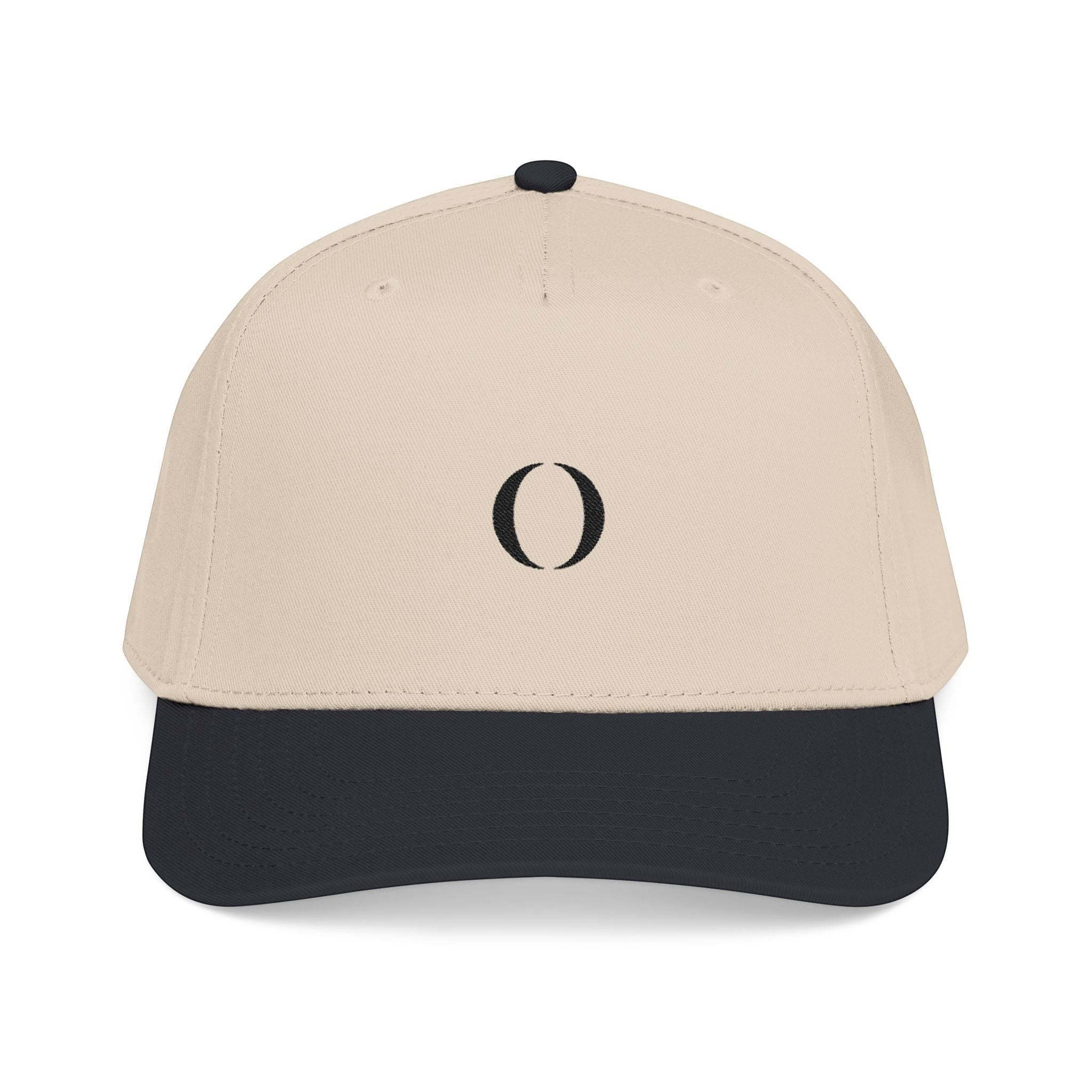 Omina mid profile 5-panel baseball cap in beige and black with a structured seamless front and snapback closure.