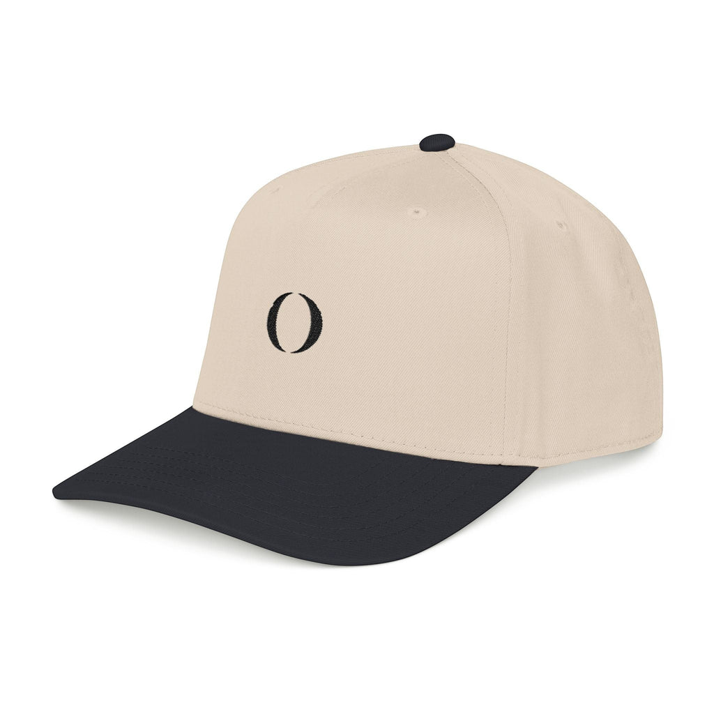 Omina mid profile 5-panel baseball cap in beige and black with a structured front and embroidered logo.