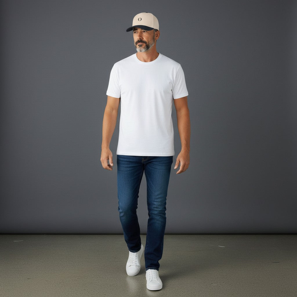 Model wearing an Omina mid profile baseball cap in beige with a black brim, white t-shirt, and blue jeans.