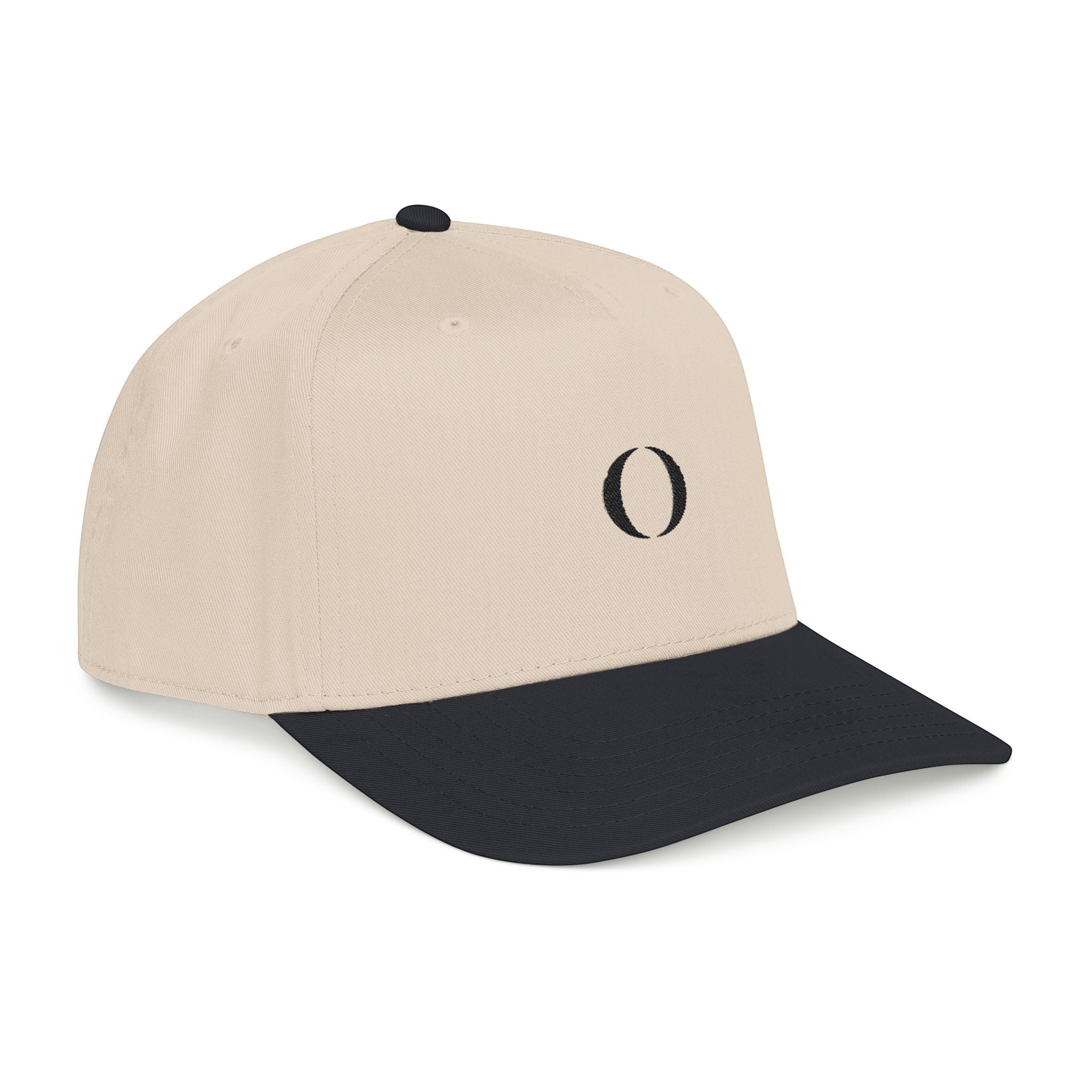 Omina structured 5-panel baseball cap in beige with a black brim and embroidered logo detail.