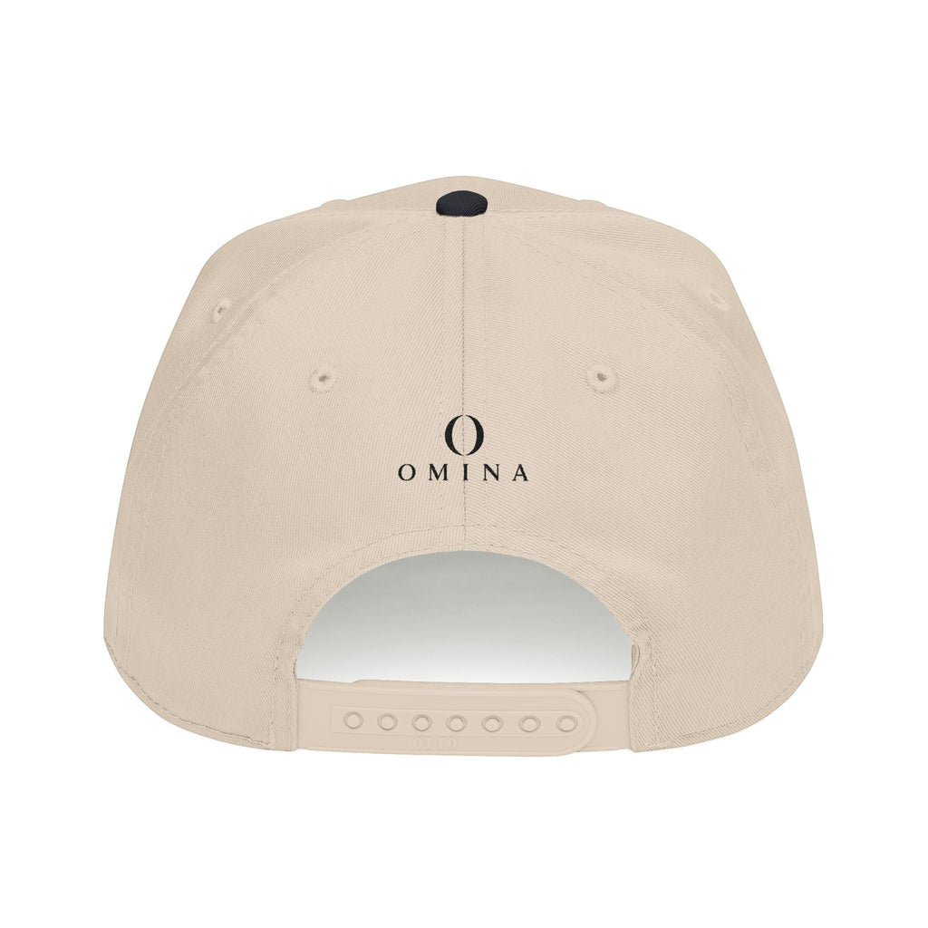 Omina beige structured 5-panel mid profile baseball cap with black logo and adjustable plastic snapback closure.