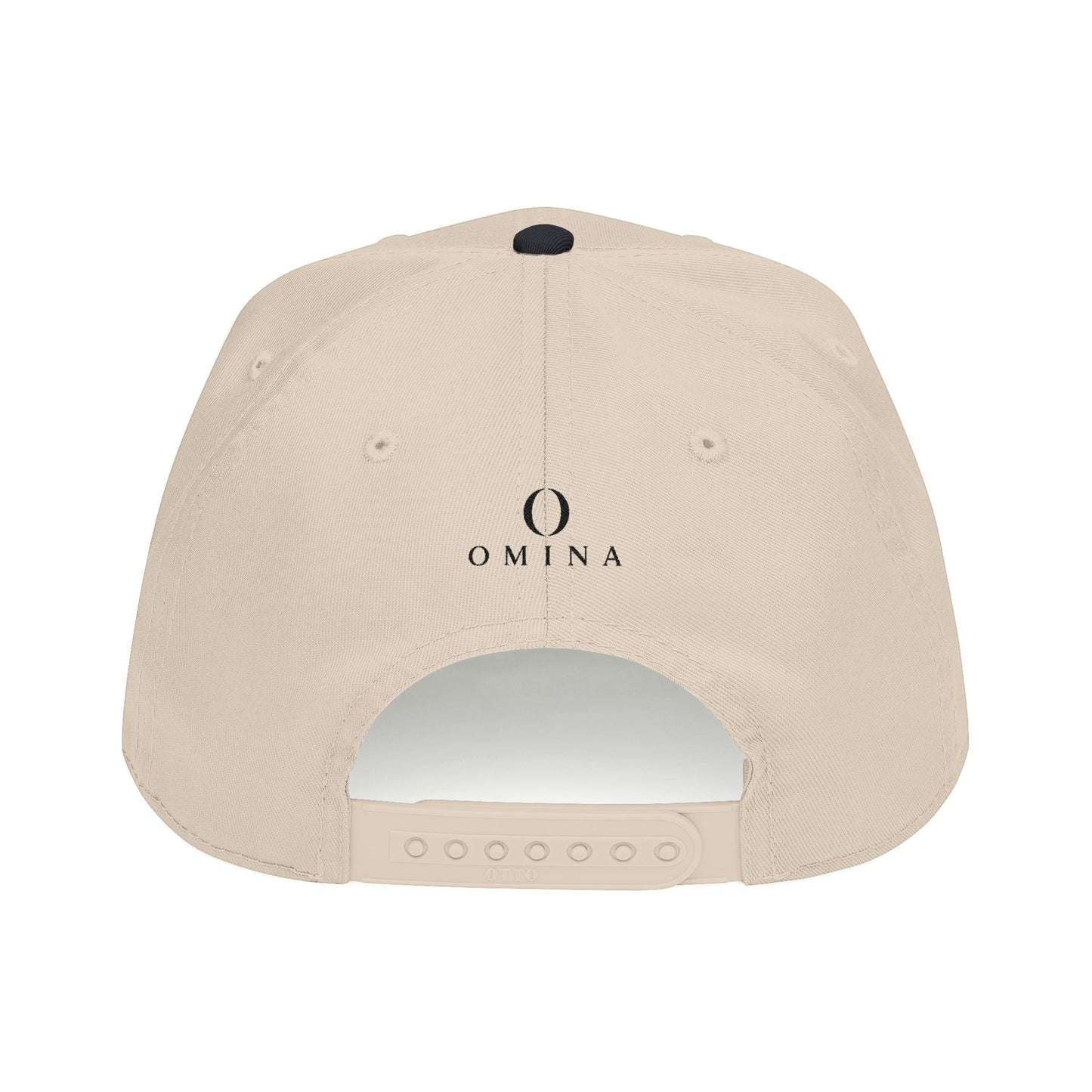 Omina beige structured 5-panel mid profile baseball cap with black logo and adjustable plastic snapback closure.
