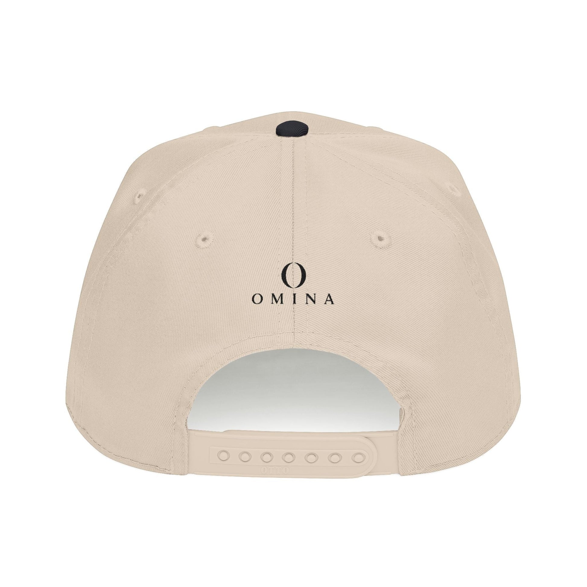 Omina beige structured 5-panel mid profile baseball cap with black logo and adjustable plastic snapback closure.