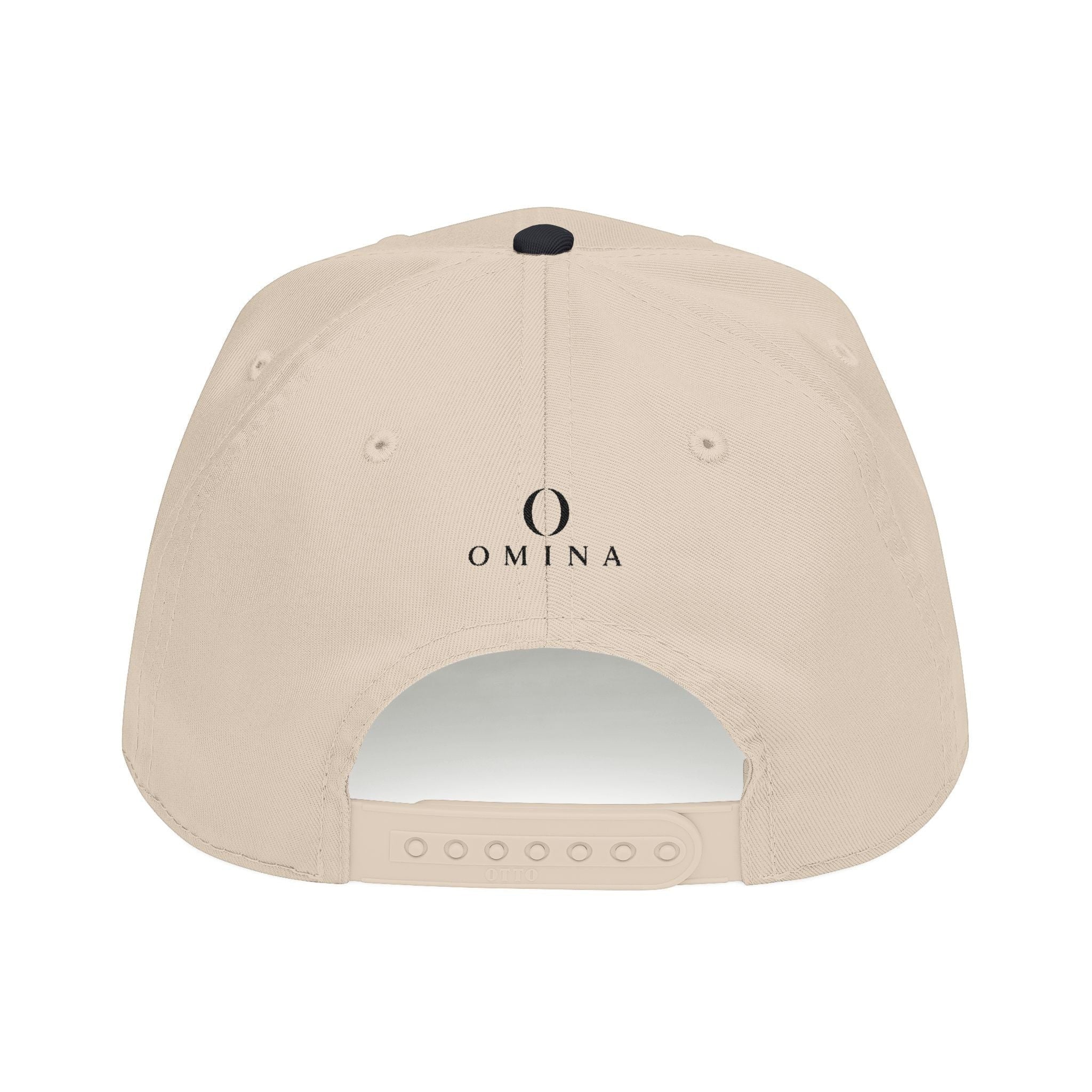 Omina beige structured 5-panel mid profile baseball cap with black logo and adjustable plastic snapback closure.