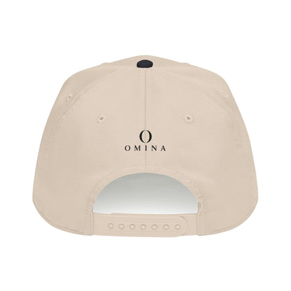 Omina beige structured 5-panel mid profile baseball cap with black logo and adjustable plastic snapback closure.