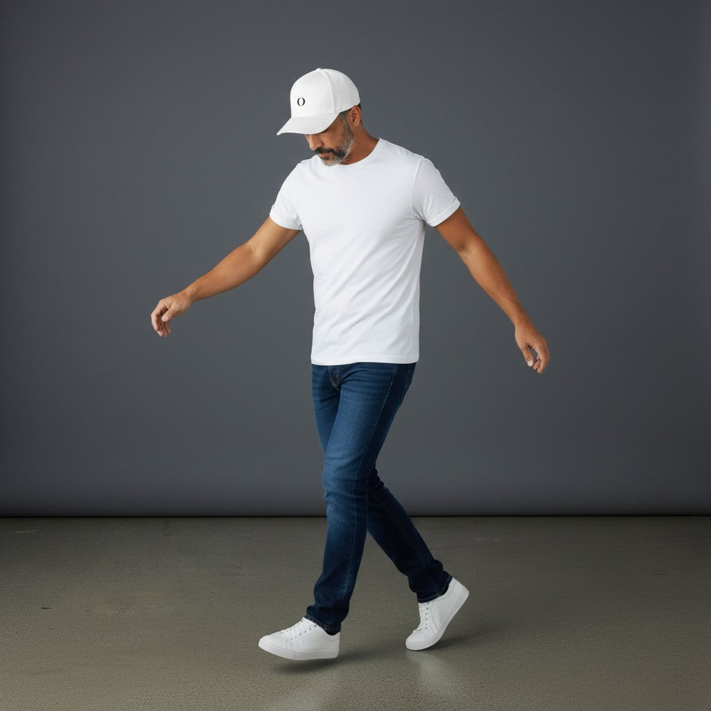 Man wearing a white Omina mid profile baseball cap, white t-shirt, and blue jeans against a grey studio background.