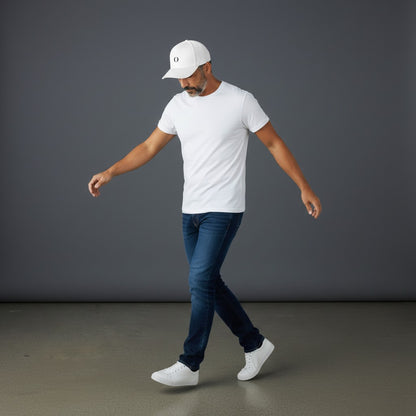 Man wearing a white Omina mid profile baseball cap, white t-shirt, and blue jeans against a grey studio background.