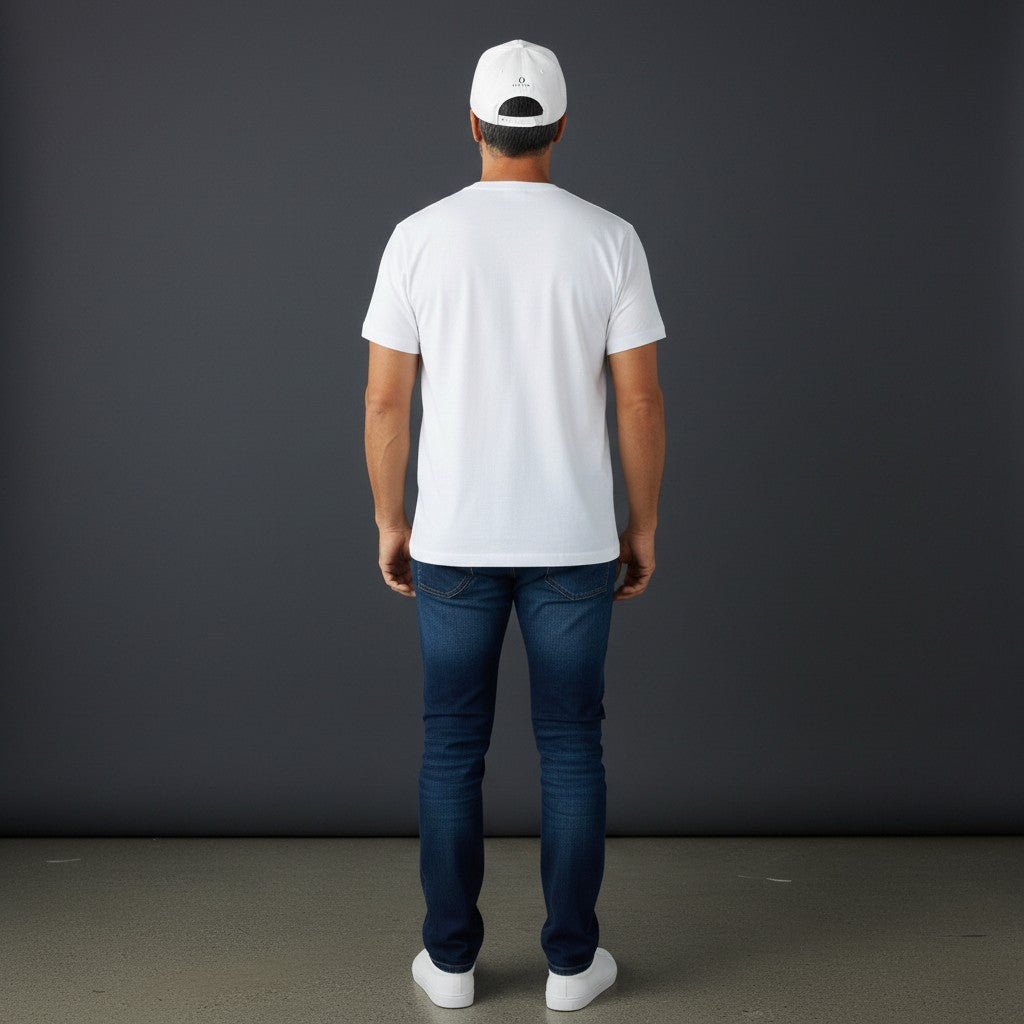 Man wearing a white Omina mid profile baseball cap with a snapback closure, paired with a white t-shirt and jeans.
