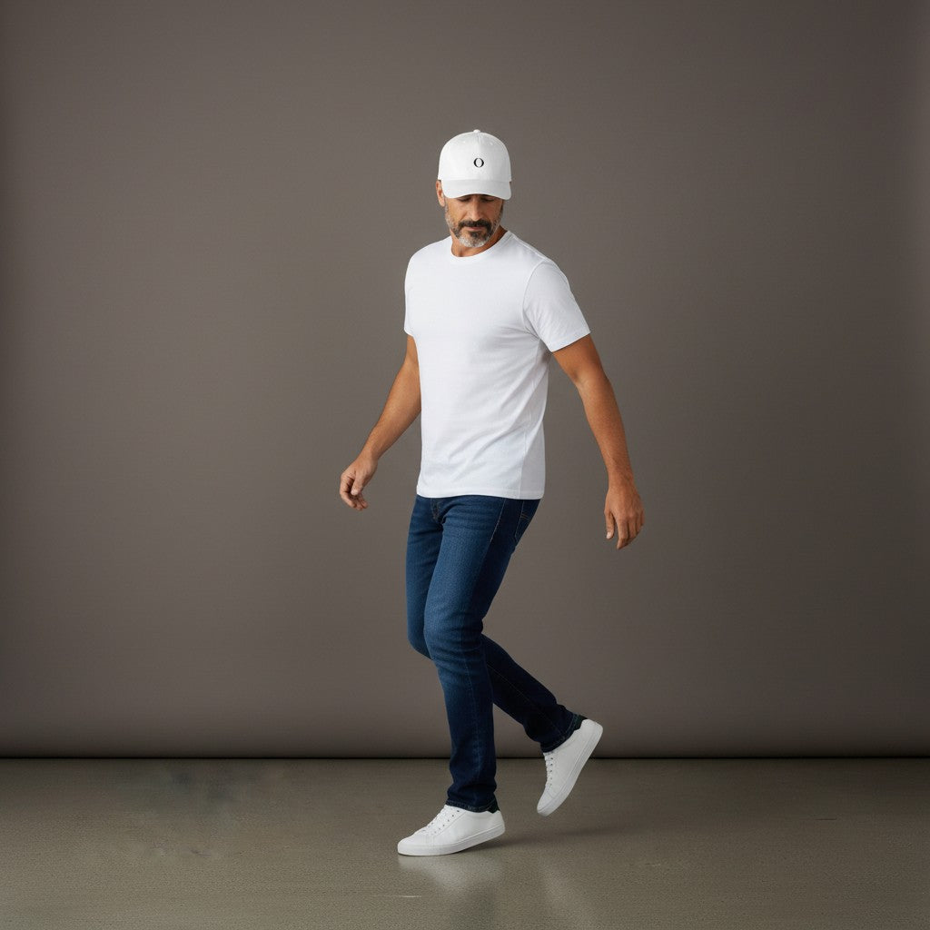 Man wearing a white Omina mid profile baseball cap, white t-shirt, and blue jeans against a grey studio background.