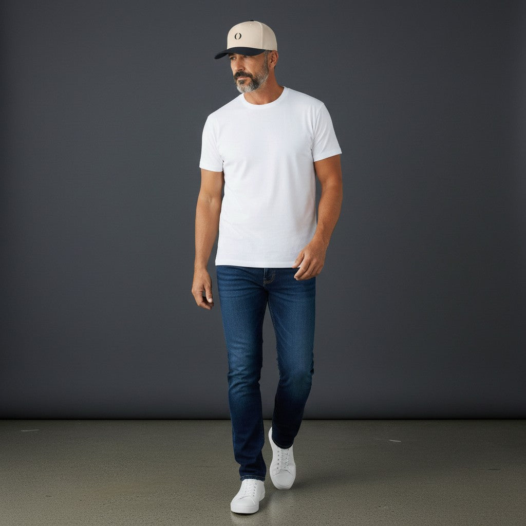 Man wearing an Omina mid profile baseball cap with a beige crown and black brim, paired with a white t-shirt and jeans