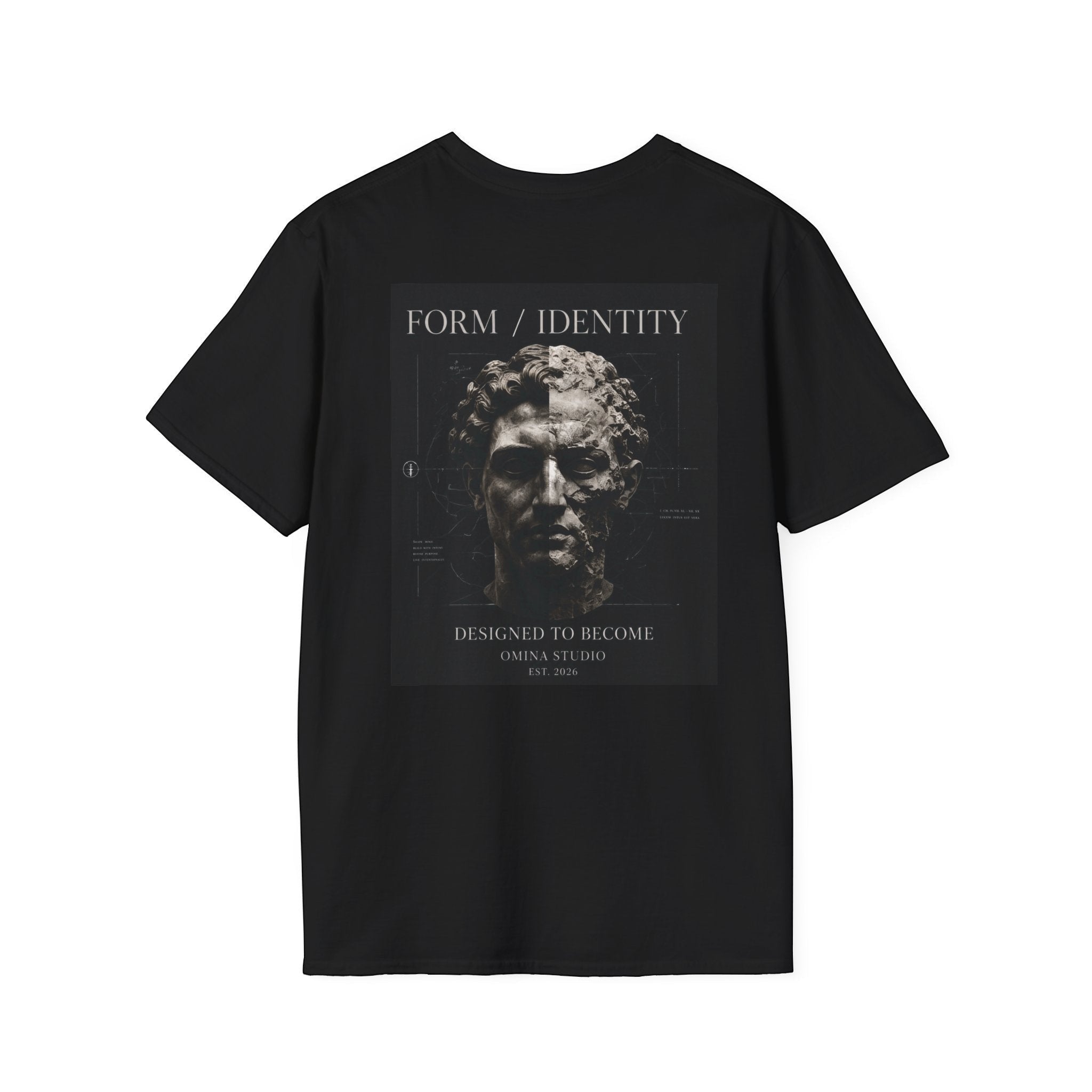 Omina black cotton t-shirt featuring a back graphic of a classical statue bust with Form Identity text.