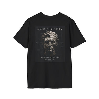 Omina black cotton t-shirt featuring a back graphic of a classical statue bust with Form Identity text.