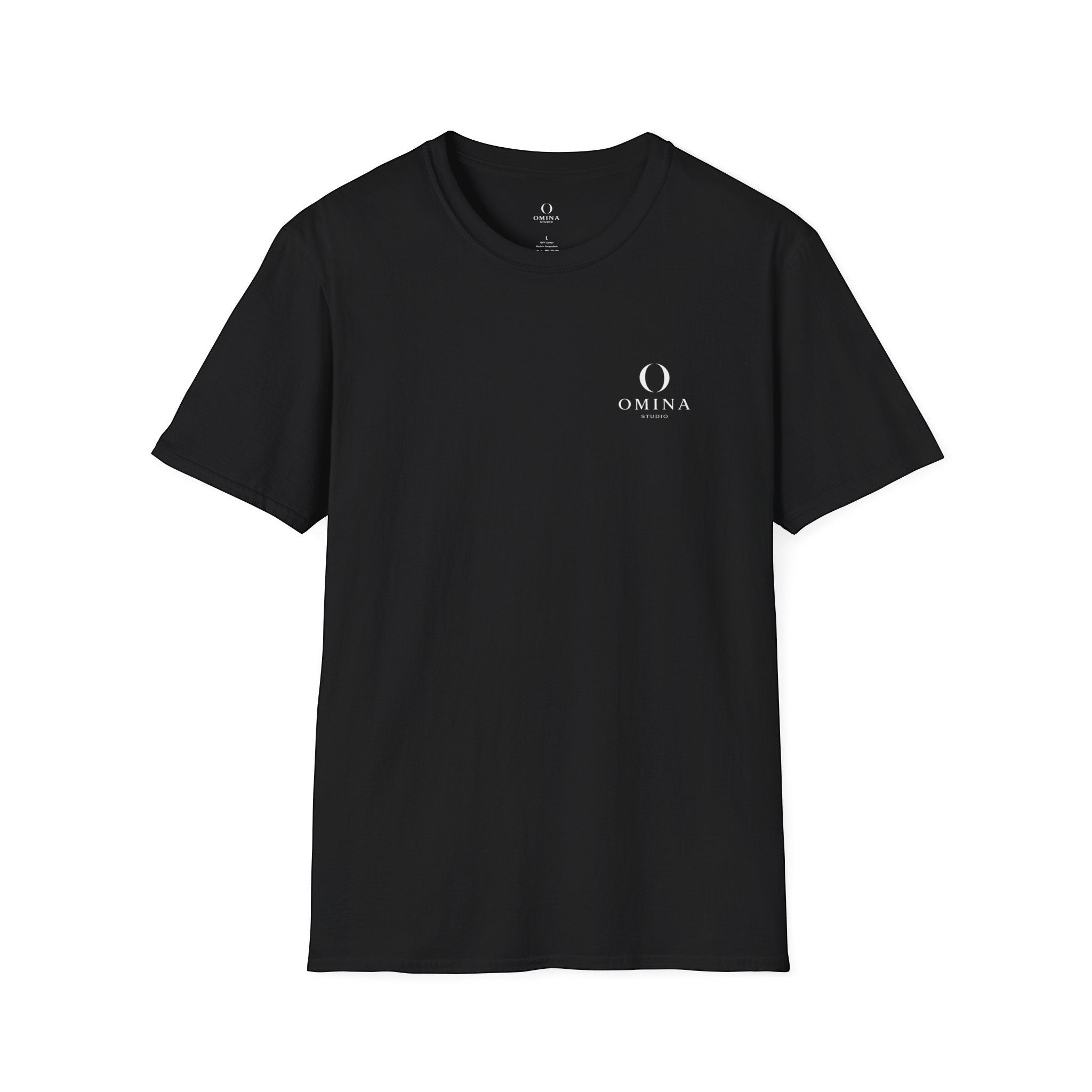 Omina minimalist black t-shirt in soft ring-spun cotton with a small white chest logo and ribbed collar.