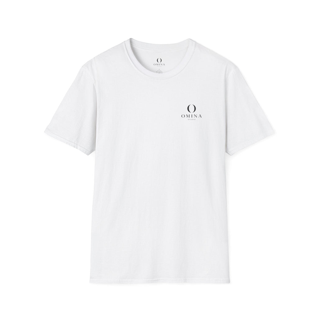 Omina white minimalist cotton t-shirt with small black chest logo and ribbed crew neck collar.