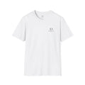 Omina white minimalist cotton t-shirt with small black chest logo and ribbed crew neck collar.