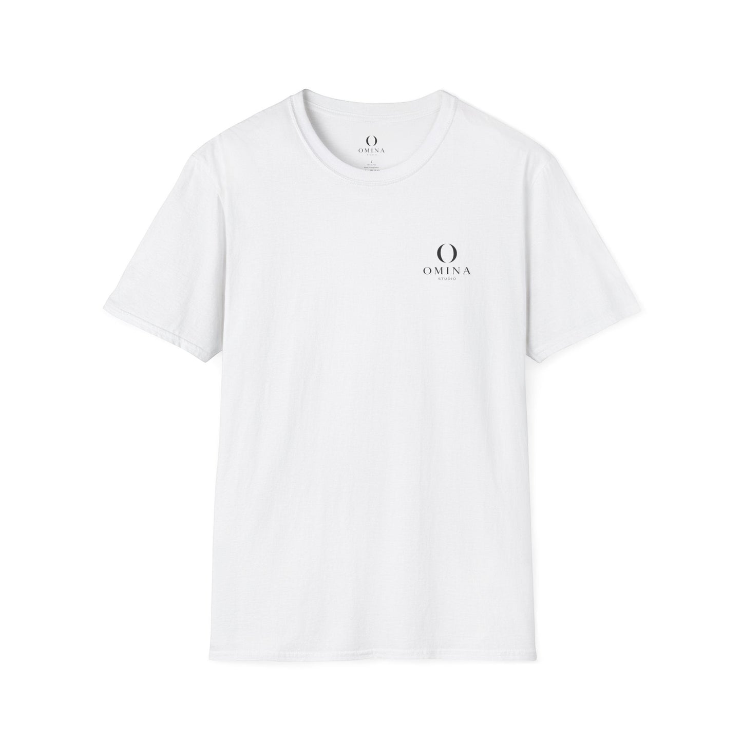 Omina white minimalist cotton t-shirt with small black chest logo and ribbed crew neck collar.