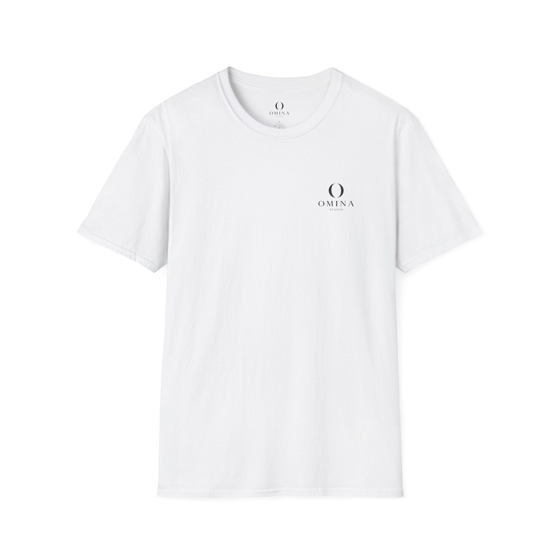 Omina white minimalist cotton t-shirt with small black chest logo and ribbed crew neck collar.