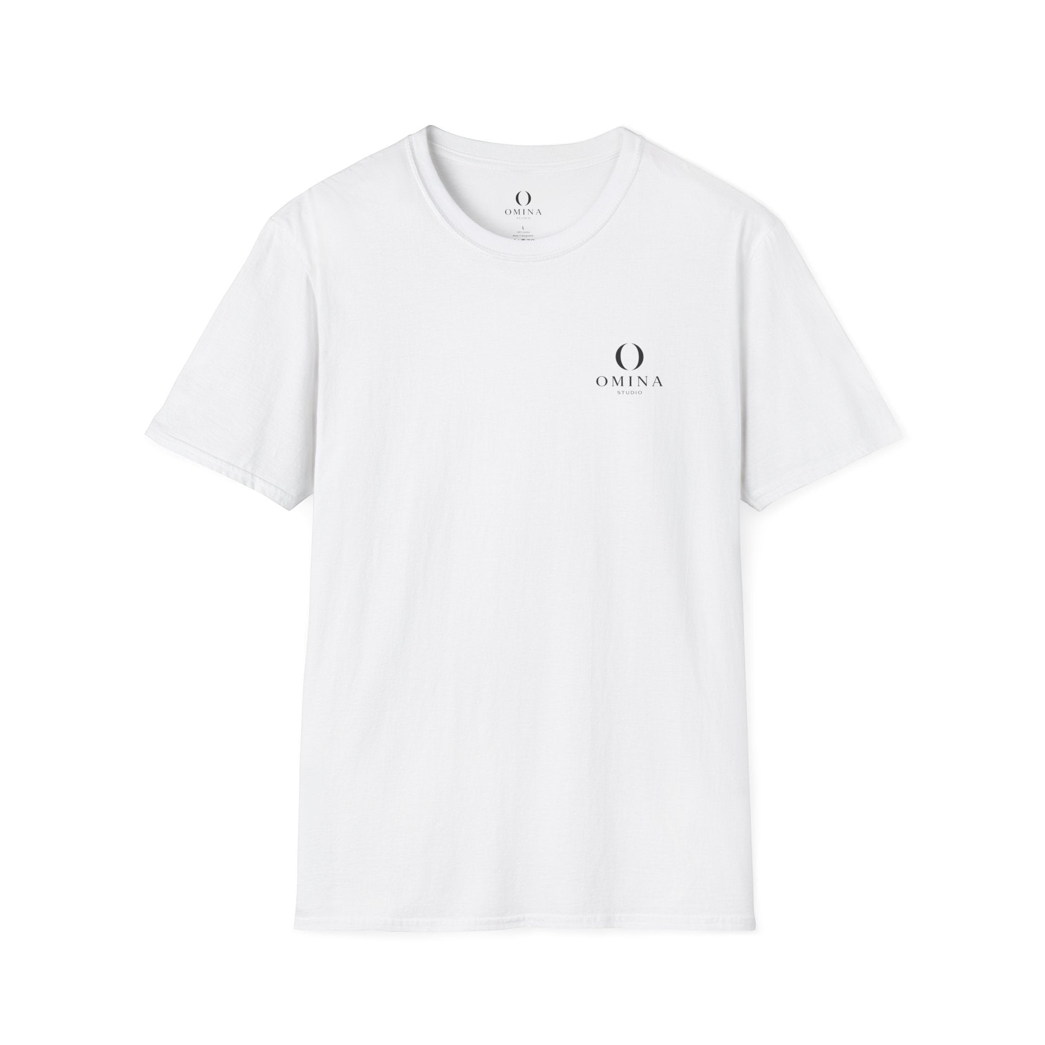 Omina white minimalist cotton t-shirt with small black chest logo and ribbed crew neck collar.