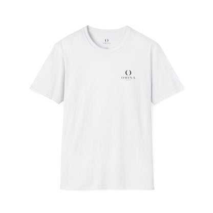 Omina white minimalist cotton t-shirt with small black chest logo and ribbed crew neck collar.