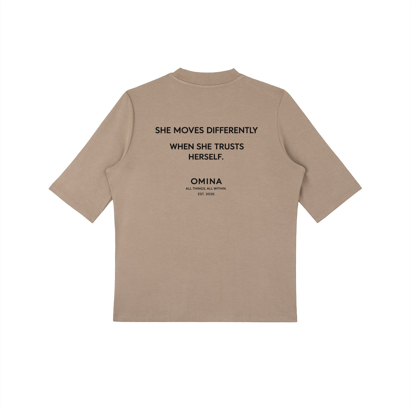 Omina taupe viscose and spandex blend short sleeve mock neck t-shirt with graphic text on back.