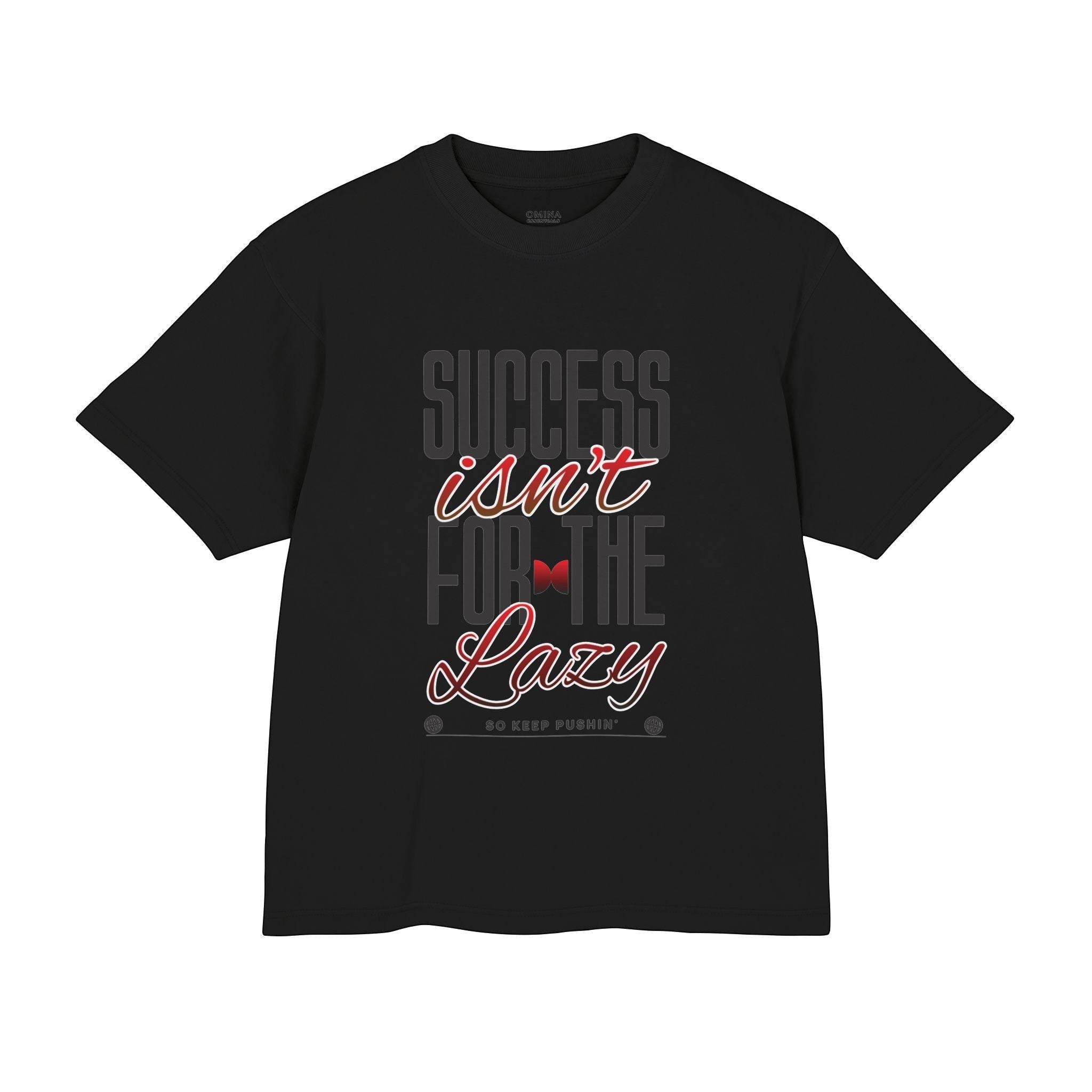 Omina heavyweight black cotton boxy t-shirt featuring Success Isn't For The Lazy motivational graphic in red and grey.