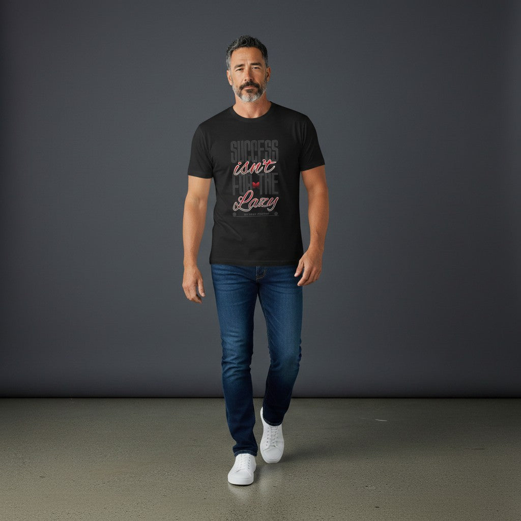 Man wearing Omina black heavyweight cotton graphic tee with motivational Success Isn't For The Lazy text design.