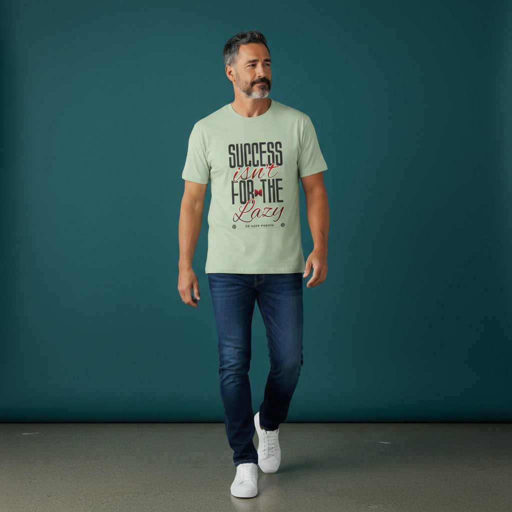 Man wearing Omina sage green heavyweight cotton graphic tee with Success Isn't For The Lazy motivational print.